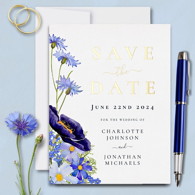 Elegant Wildflower Blue Gold foil Wedding Foil Invitation Postcard (Elegant Blue floral and gold foil wedding save the date budget invitation postcard )