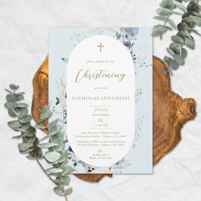 Elegant Wildflower Blue Oval Frame Boy Christening Invitation (Creator Uploaded)