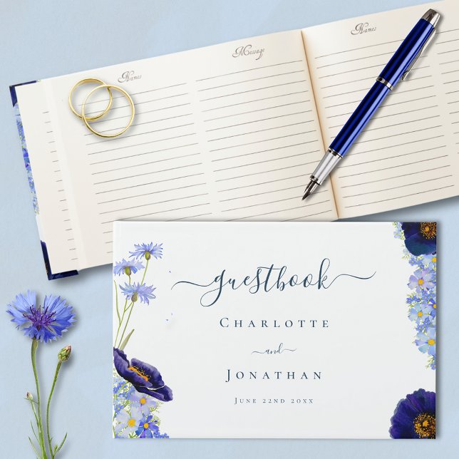 Elegant Wildflower Blue Wedding Guest Guest Book (Elegant blue summer floral watercolor wildflowers stylish typography script wedding guest book)