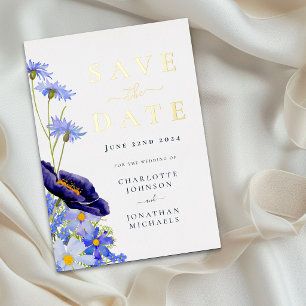 Elegant Wildflower Blue Wedding Save The Date Gold Foil Invitation Postcard
