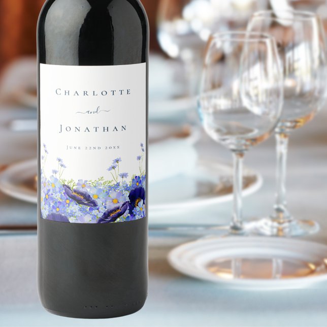 Elegant Wildflower Blue Wine Label (Modern blue summer floral watercolor wildflower wedding wine labels with stylish typography )