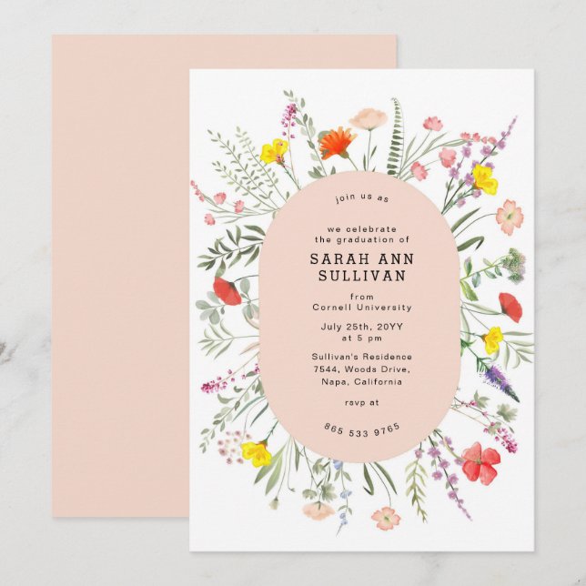 Elegant Wildflower Blush Frame Graduation Invite  (Front/Back)