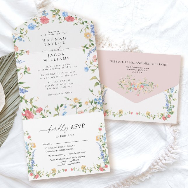 Elegant Wildflower Blush Pink Floral Wedding  All In One Invitation (Creator Uploaded)