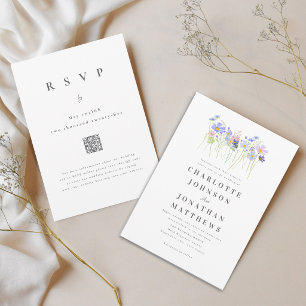 Elegant Wildflower Boho Blue Pink Wedding QR Code Invitation