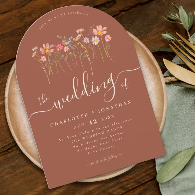 Elegant Wildflower Boho Fall Terracotta Wedding Invitation (Elegant boho fall Wildflower floral terracotta rust Wedding arch invitation Whimsical script flowers)