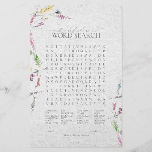 Elegant Wildflower Botanical Bridal Shower Game (Front)