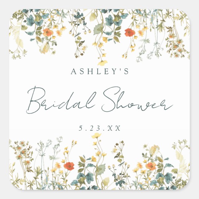 Elegant Wildflower Bridal Shower Square Sticker (Front)