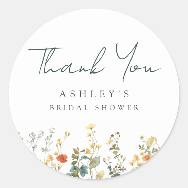 Elegant Wildflower Bridal Shower Thank You Classic Round Sticker (Front)