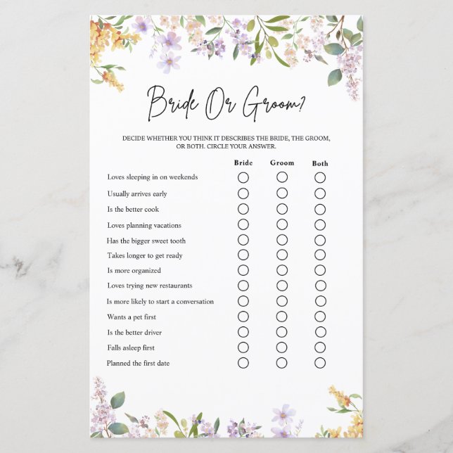 Elegant Wildflower Bride or Groom Game (Front)