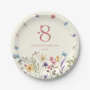 Elegant Wildflower Butterfly 8th Birthday Party Paper Plate