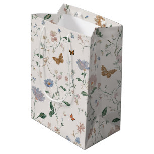 Elegant Wildflower & Butterfly Toile-De-Jouy  Medium Gift Bag