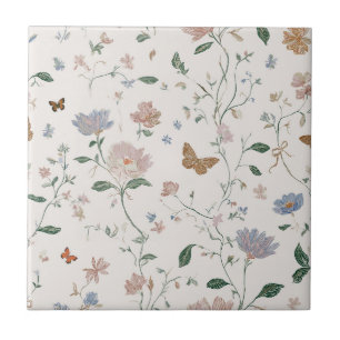 Elegant Wildflower & Butterfly Toile-De-Jouy Tile
