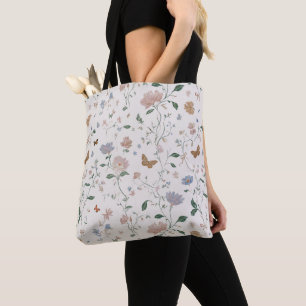 Elegant Wildflower & Butterfly Toile-De-Jouy Tote Bag