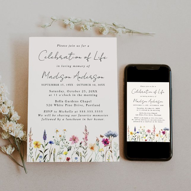 Elegant Wildflower Celebration of Life Funeral Invitation (Creator Uploaded)