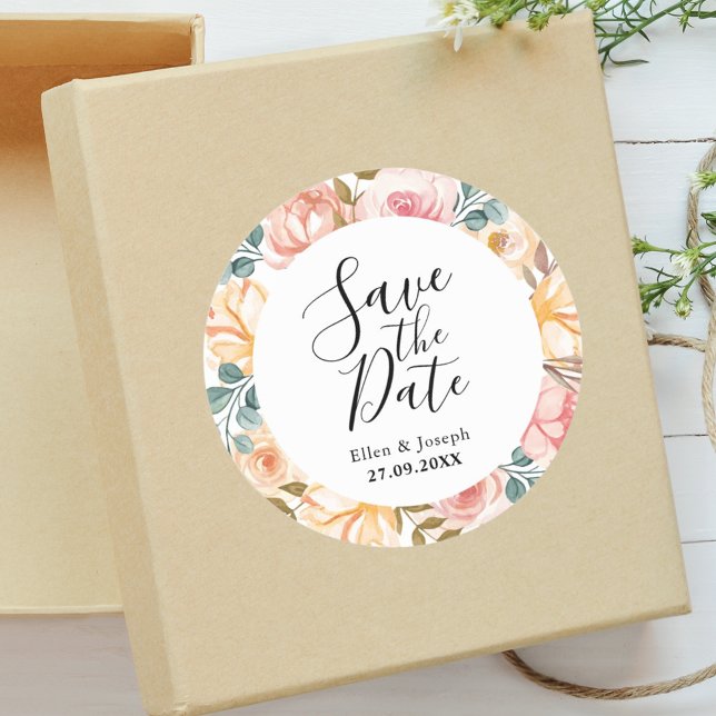 Elegant Wildflower Custom Wedding Save the date  Classic Round Sticker (Creator Uploaded)