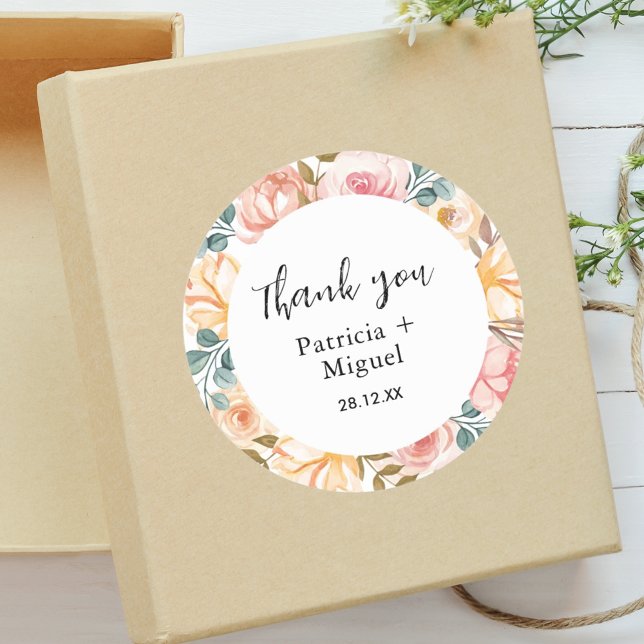 Elegant Wildflower Custom Wedding Thank You Classic Round Sticker (Creator Uploaded)