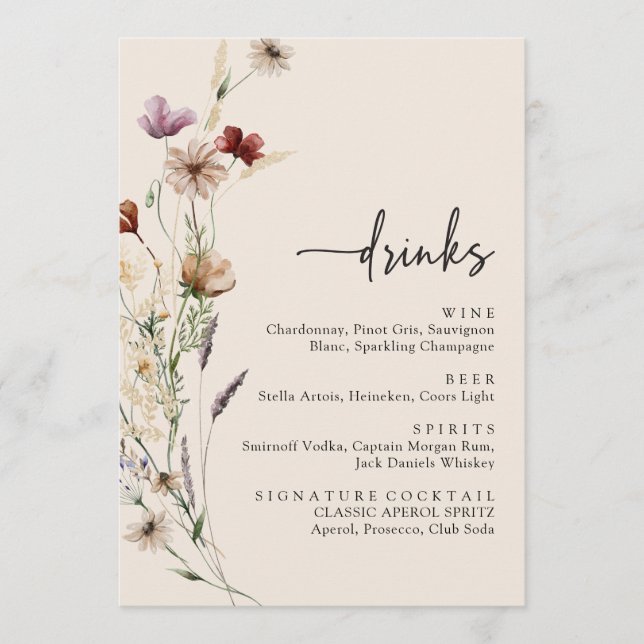Elegant Wildflower Drinks Wedding Menu (Front)