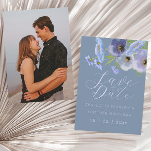 Elegant Wildflower Dusty Blue Floral Photo Wedding Save The Date