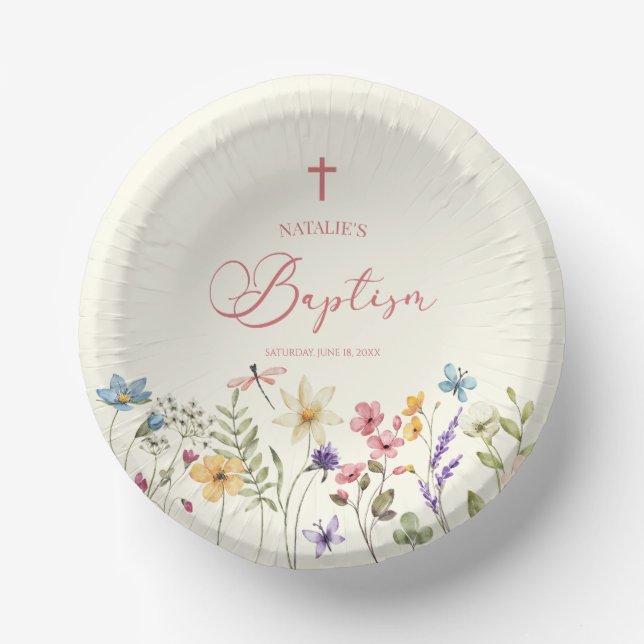 Elegant Wildflower Floral Baptism Paper Plate (Front)