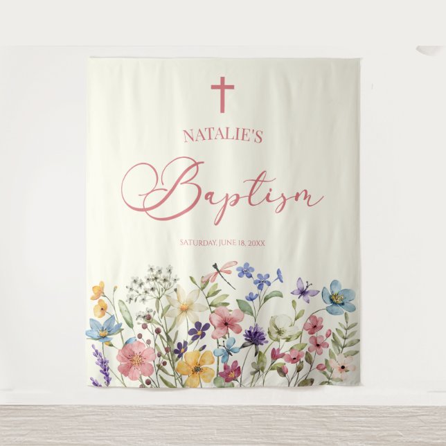 Elegant Wildflower Floral Baptism Tapestry (Front)