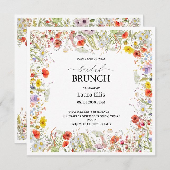 Elegant wildflower floral bridal brunch invitation (Front/Back)