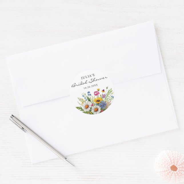 Elegant Wildflower Floral Bridal Shower  Classic Round Sticker (Envelope)