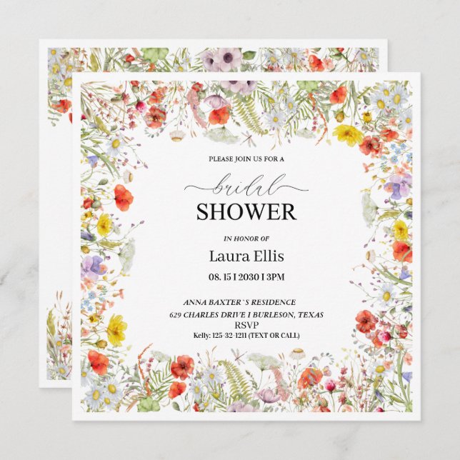 Elegant wildflower floral bridal shower invitation (Front/Back)