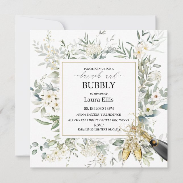 Elegant wildflower floral brunch  and bubbly invitation (Front)