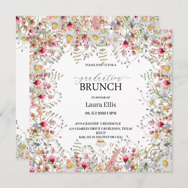 Elegant wildflower floral graduation brunch invitation (Front/Back)