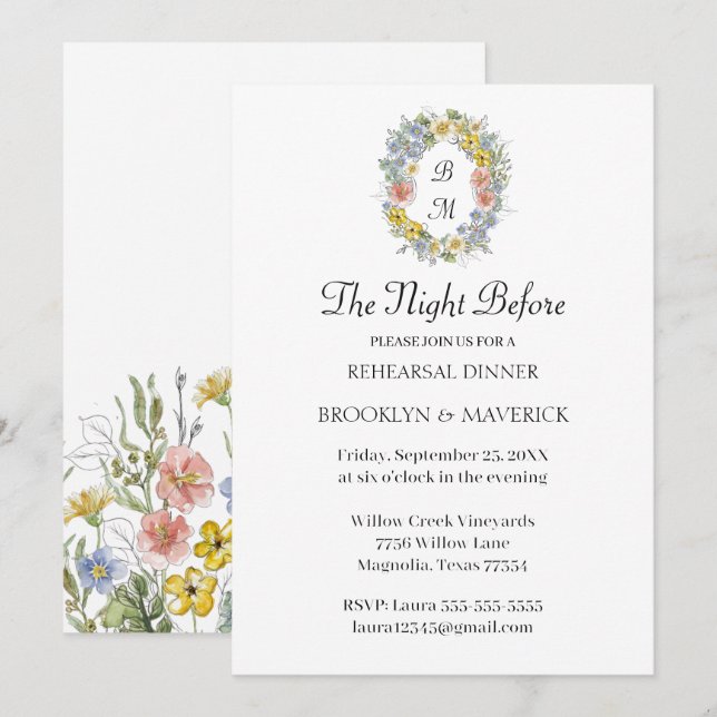 Elegant Wildflower Floral Monogram Crest Wedding Invitation (Front/Back)