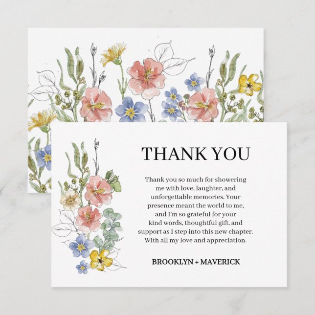 Elegant Wildflower Floral Monogram Crest Wedding Thank You Card (Front/Back)