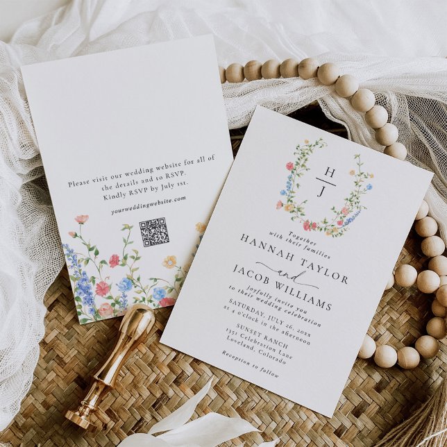 Elegant Wildflower Floral Monogram QR Code Wedding Invitation (Creator Uploaded)
