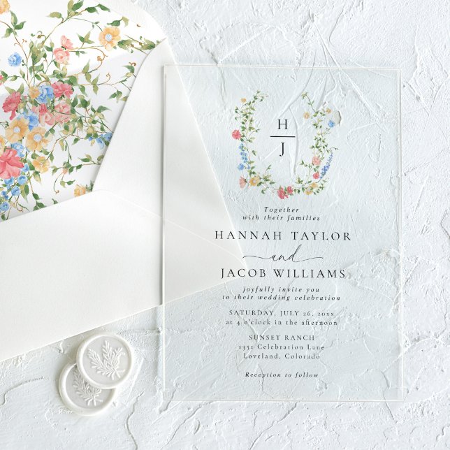 Elegant Wildflower Floral Monogram Wedding Acrylic Invitations (Creator Uploaded)