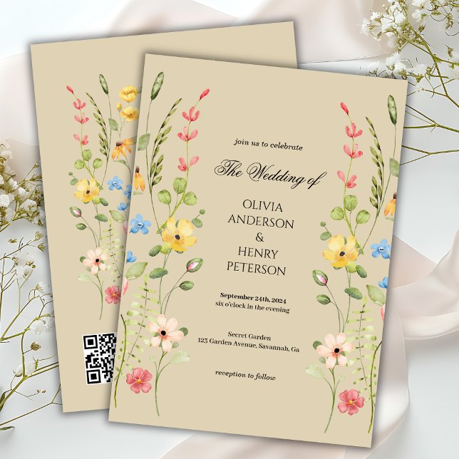 Elegant Wildflower Floral Neutral QR Code Wedding  Invitation (Creator Uploaded)