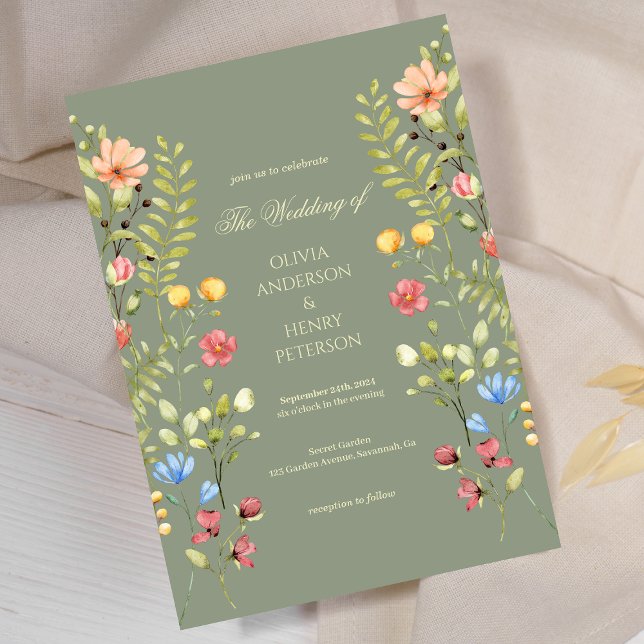 Elegant Wildflower Floral Sage  QR Code Wedding  Invitation (Creator Uploaded)