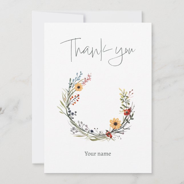 Elegant wildflower floral wreath bridal shower thank you card (Front)