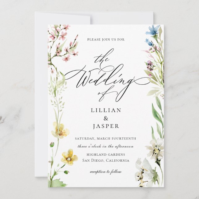 Elegant Wildflower Frame Calligraphy Wedding Invitation (Front)