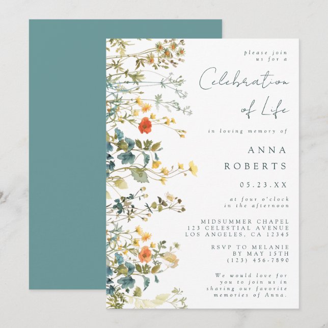 Elegant Wildflower Funeral Invitation (Front/Back)