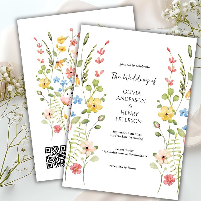 Elegant Wildflower Garden Floral  QR Code Wedding  Invitation (Creator Uploaded)