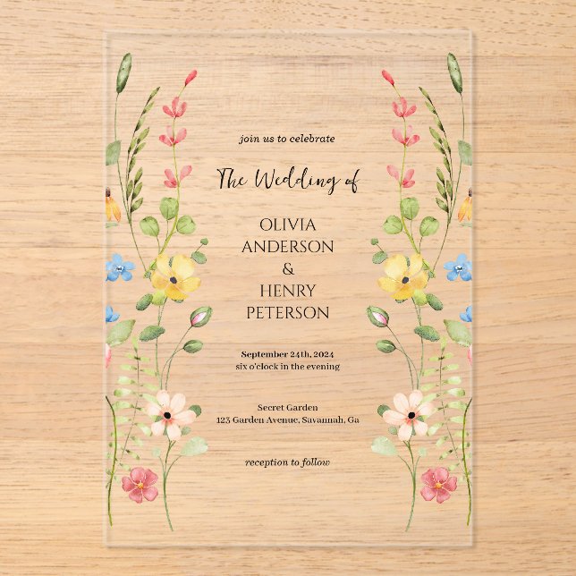 Elegant Wildflower Garden Floral  Spring Wedding  Acrylic Invitations (Front)
