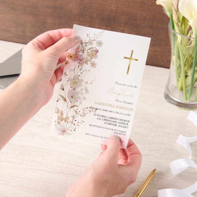 Elegant Wildflower Girl Baptism Christening Vellum Invitations (Handheld)