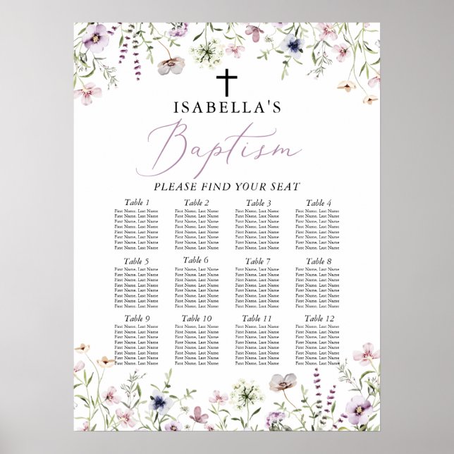 Elegant Wildflower Girl Baptism Seating Chart (Front)