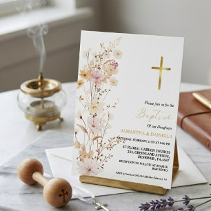 Elegant Wildflower Girl Double Baptism Christening Invitation