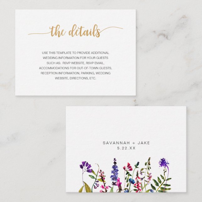 Elegant Wildflower Gold wedding info details card (Front/Back)