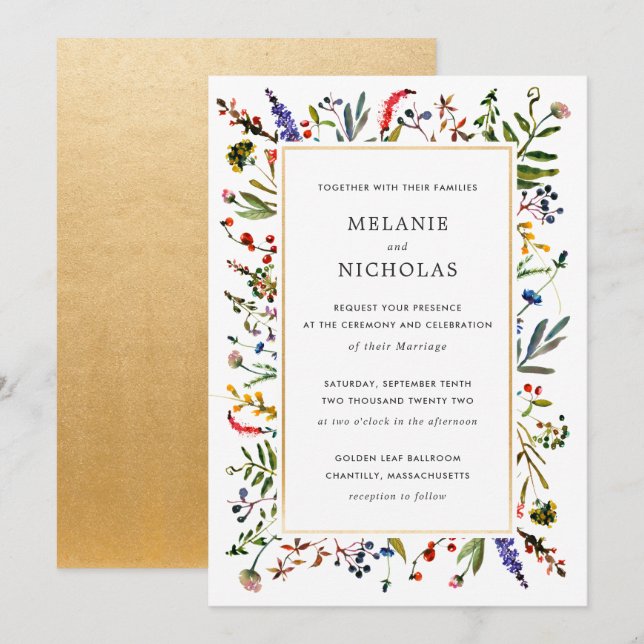 Elegant Wildflower + Gold Wedding invitation (Front/Back)