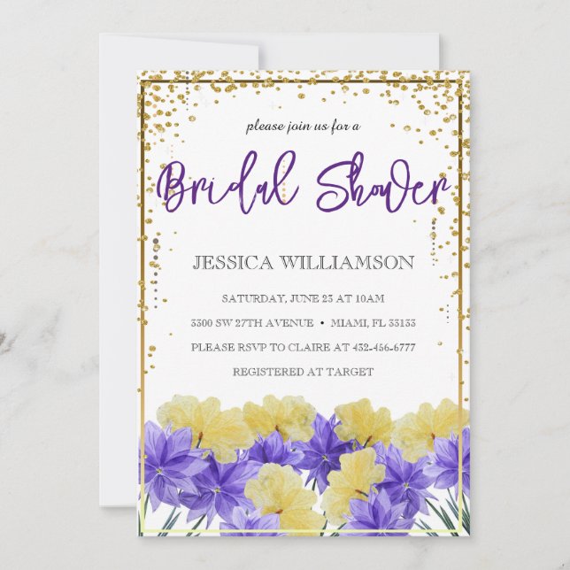 Elegant Wildflower golden frame, Bridal Shower Inv Invitation (Front)
