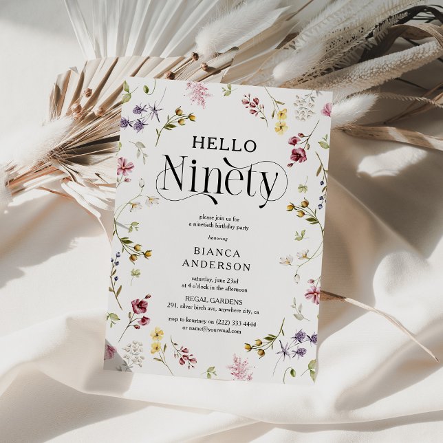 Elegant Wildflower 'Hello Ninety' 90th Birthday Invitation (Creator Uploaded)