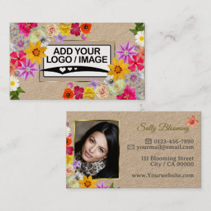 Elegant Wildflower Kraft Paper with Logo and Photo Business Card