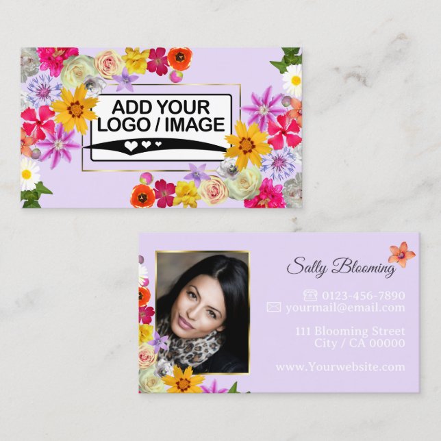 Elegant Wildflower Light Lilac with Logo and Photo Business Card (Front/Back)