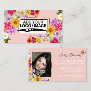 Elegant Wildflower Light Peach with Logo and Photo Business Card
